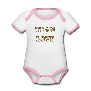 TEAM LOVE Customizable Organic Short Sleeve Baby Bodysuit - white/pink